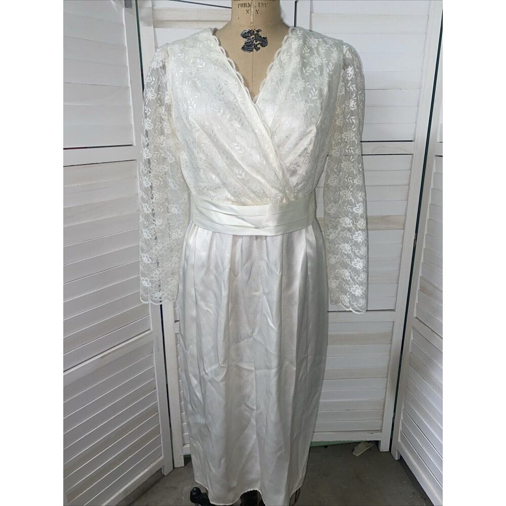 Vintage 70s 2nd Wedding Dress Midi Satin Lace Long Sleeves Tie Sz Med Or Large